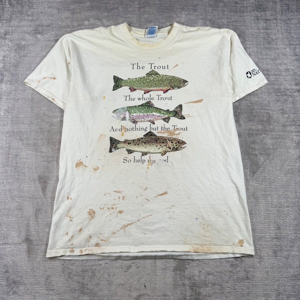 Vintage Fish Shirt Mens Large White Canadian Museum of Nature Trout Pun Nature